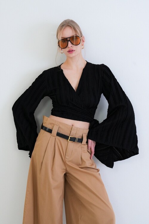 Kruvaze Yaka İspanyol Kol Crop Bluz