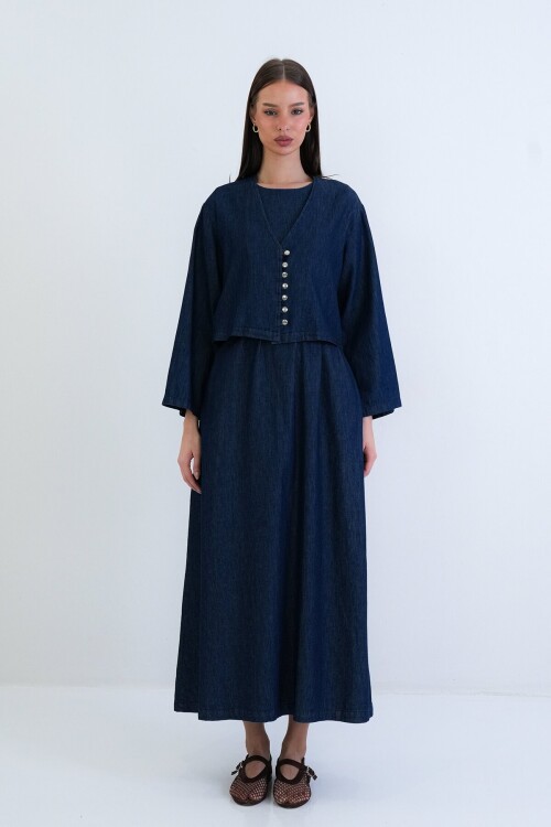 Kuşaklı Elbise Ve Düğmeli Ceket Takım