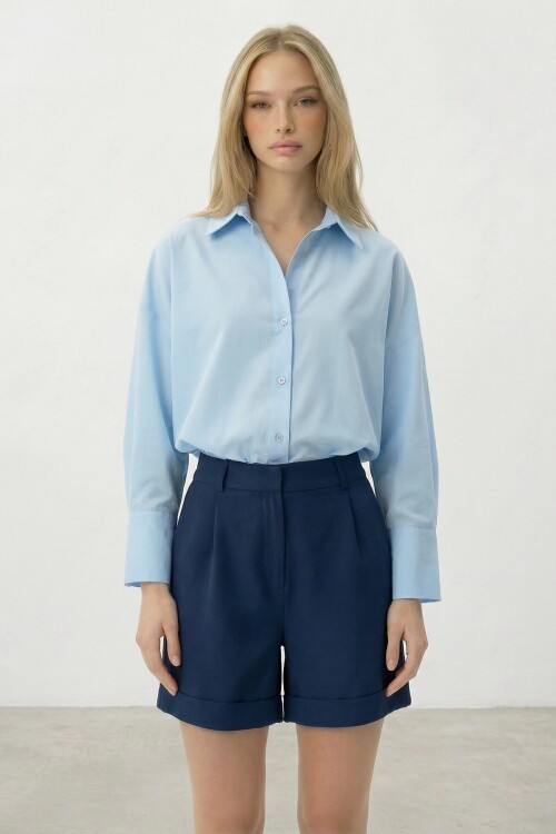 Lacivert Çift Cepli Duble Paça Gizli Fermuarlı Keten Şort