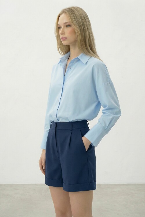 Lacivert Çift Cepli Duble Paça Gizli Fermuarlı Keten Şort