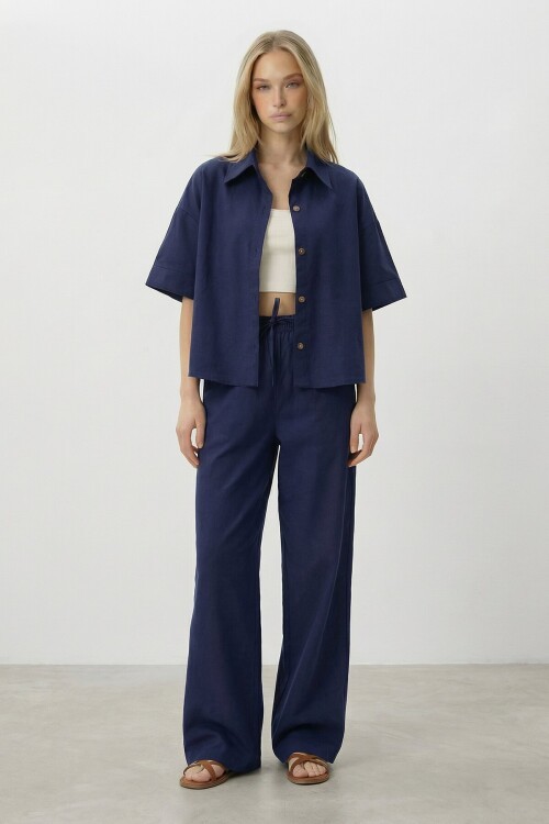Lacivert Keten Gömlek Ve Palazzo Pantolon Takım