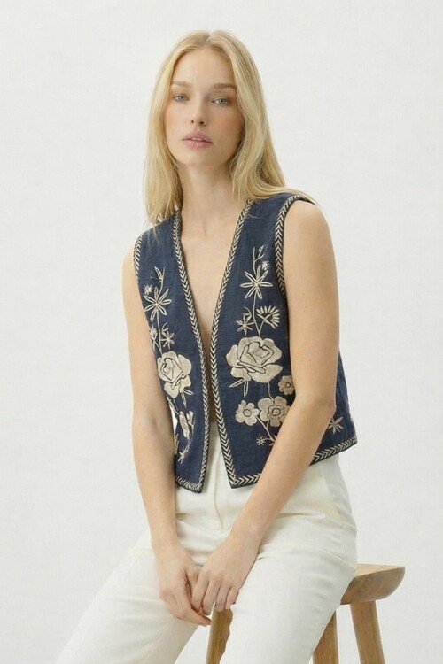 Lacivert Nakış Detaylı Astarlı Dokulu Crop Yelek