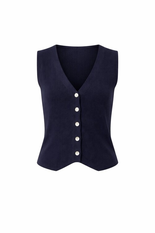 Lacivert V Yaka Düğmeli Yazlık Triko Yelek