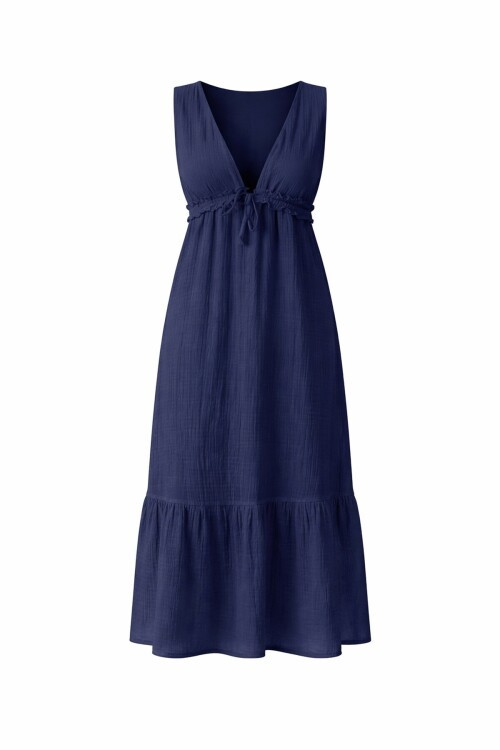 Lacivert V Yaka Fırfır Detaylı Astarlı Müslin Elbise