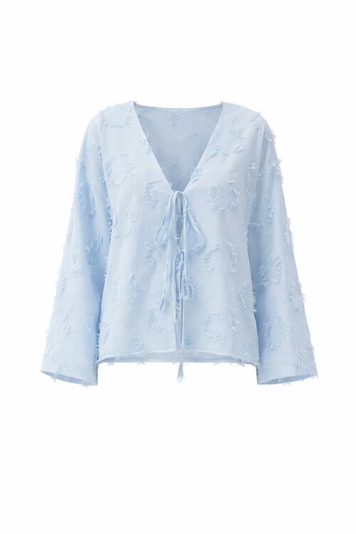 Mavi V Yaka Önü Bağlamalı Püskül Detaylı Yazlık Keten Ceket