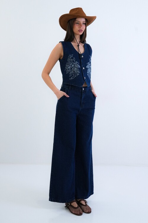 Nakışlı Kot Yelek Ve Denim Pantolon Takım