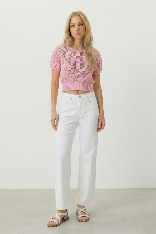 Pembe Beli Gipeli Ajurlu Crop Bluz