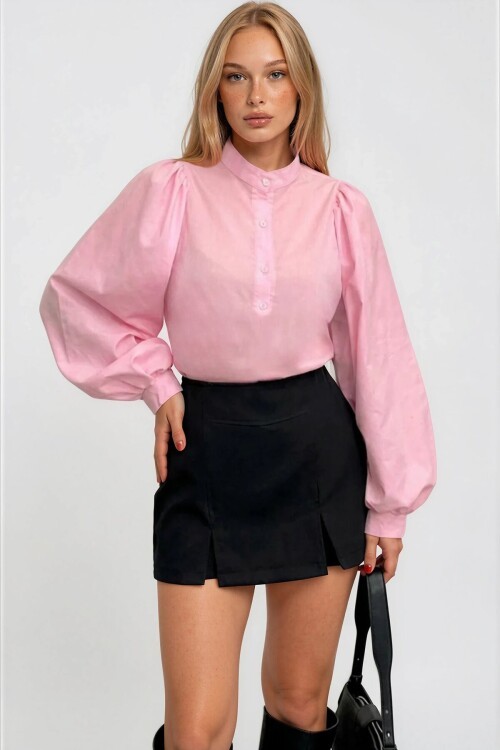 Pembe Hakim Yaka Önü Düğmeli Balon Kol Poplin Dokuma Gömlek