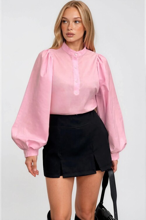 Pembe Hakim Yaka Önü Düğmeli Balon Kol Poplin Dokuma Gömlek