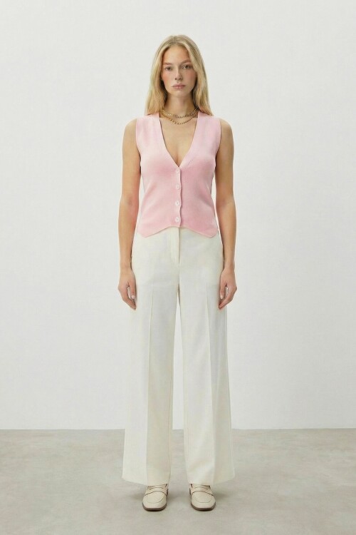 Pembe V Yaka Düğmeli Yazlık Triko Yelek