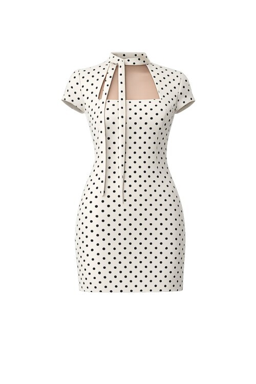 Puantiye Desenli Boyun Bağlamalı Mini Elbise