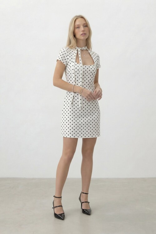 Puantiye Desenli Boyun Bağlamalı Mini Elbise