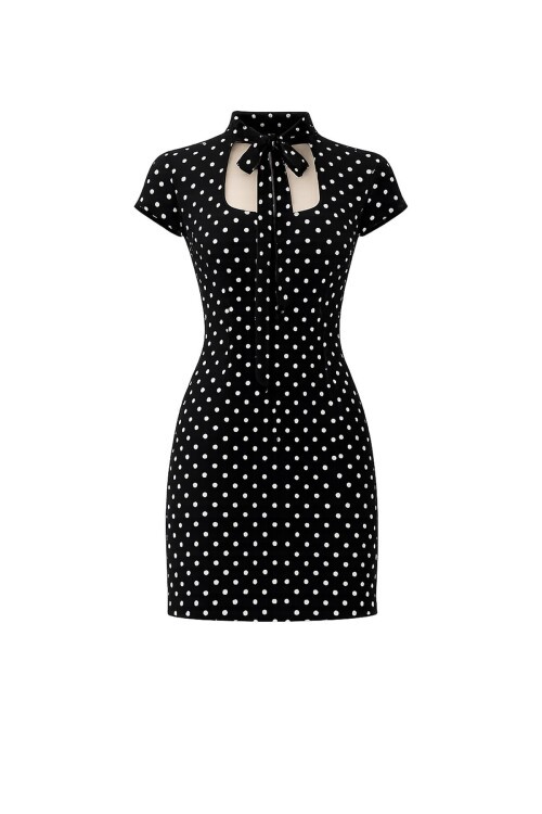 Puantiye Desenli Boyun Bağlamalı Mini Elbise