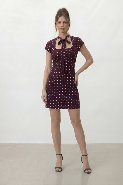 Puantiye Desenli Boyun Bağlamalı Mini Elbise