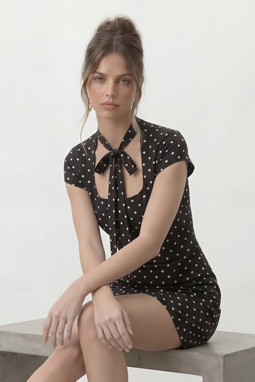 Puantiye Desenli Boyun Bağlamalı Mini Elbise