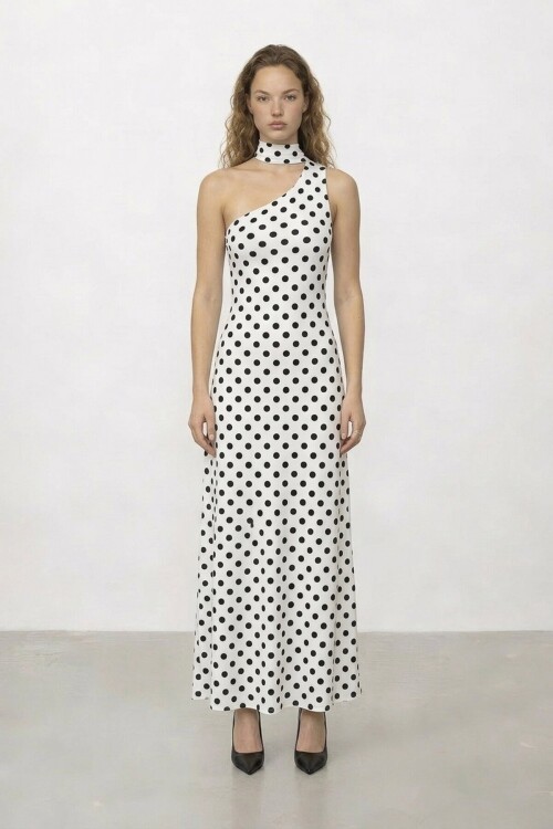 Puantiyeli Tek Omuz  Midi Elbise