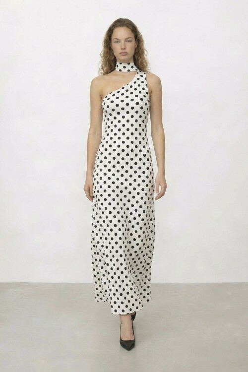 Puantiyeli Tek Omuz  Midi Elbise