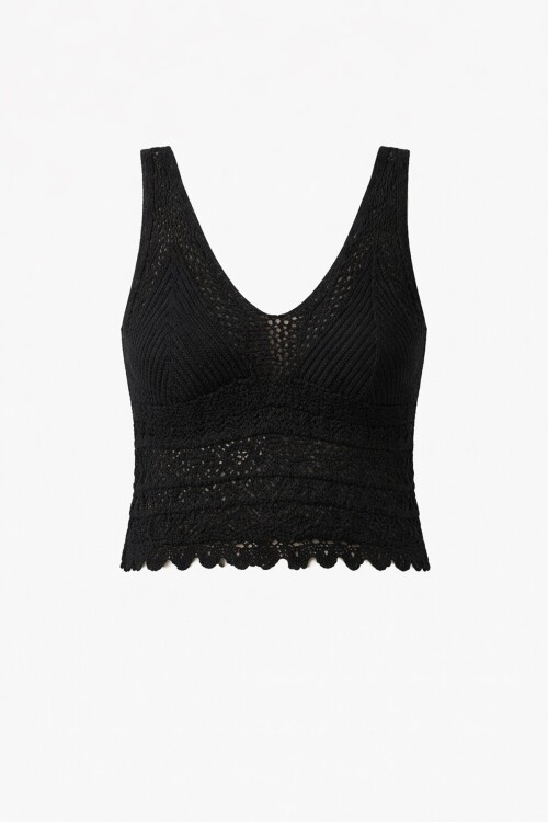 Siyah Askılı Ajurlu Örme Crop Bluz