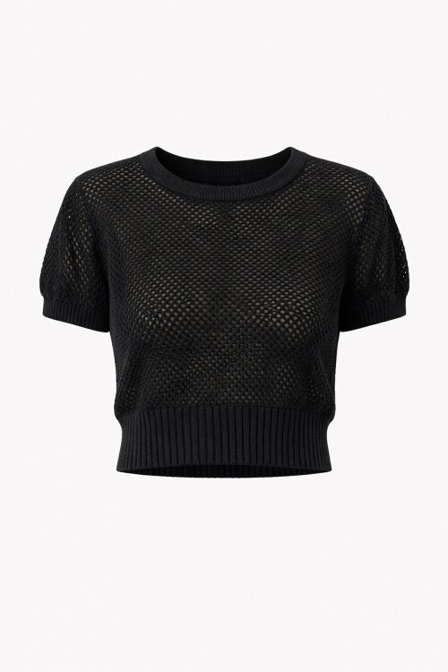 Siyah Beli Gipeli Ajurlu Crop Bluz