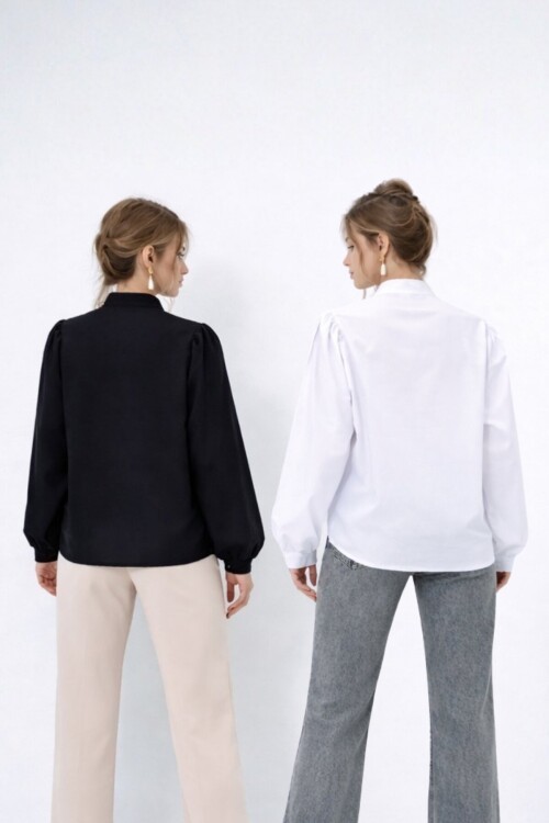 Siyah Beyaz Hakim Yaka Yarım Pat Balon Kol Poplin Dokuma 2Lİ Set Gömlek Takım