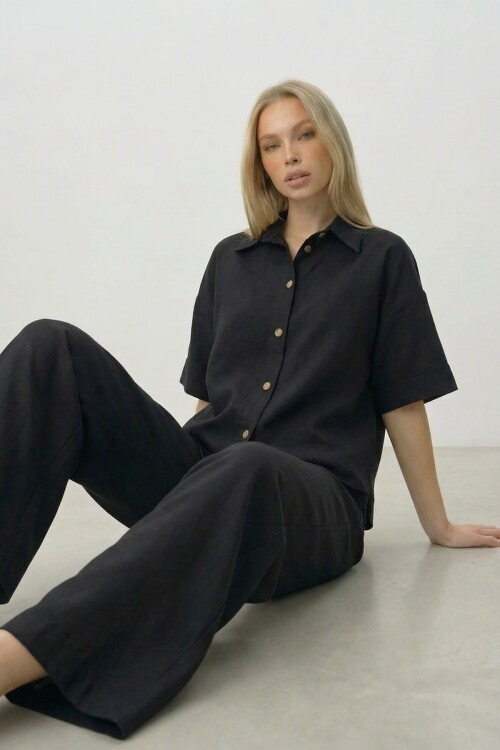 Siyah Keten Gömlek Ve Palazzo Pantolon Takım