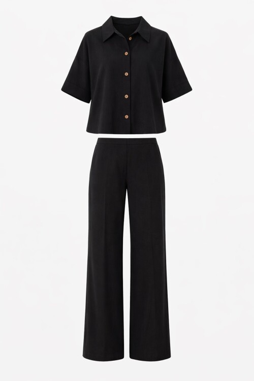Siyah Keten Gömlek Ve Palazzo Pantolon Takım