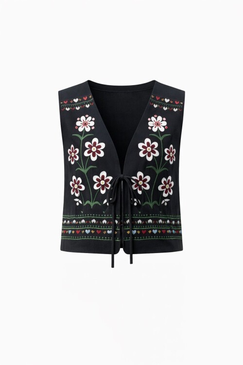 Siyah Nakışlı Bağcık Detaylı Tasarım Ham Keten Yelek