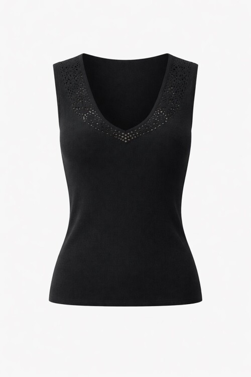 Siyah Ön Arka V Yaka Ajurlu Yazlık Triko Bluz