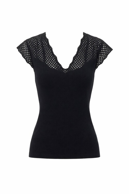 Siyah Önü Ve Arkası V Yaka Delik Ajurlu Triko Bluz