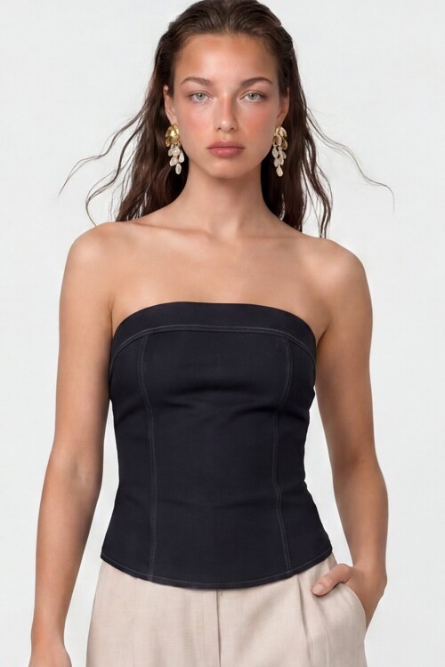 Straplez Arkası Fermuarlı Denim Bluz
