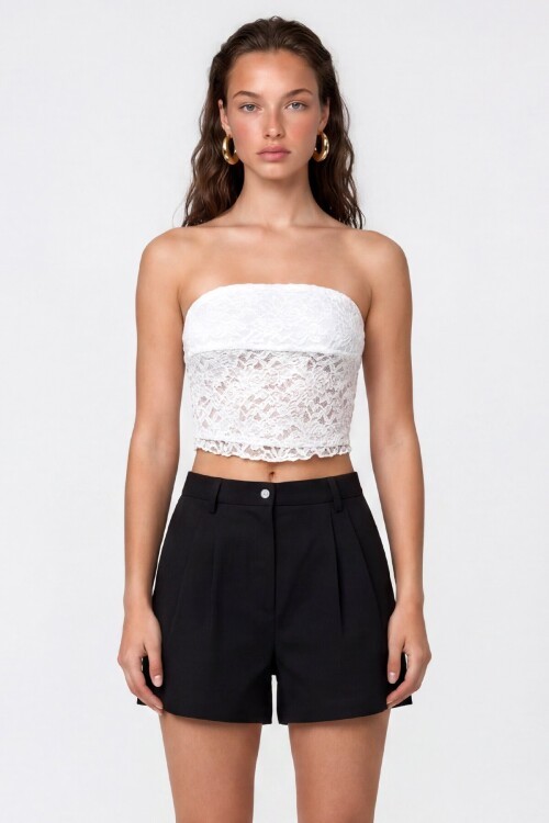 Straplez Dantel Detaylı Crop Bluz
