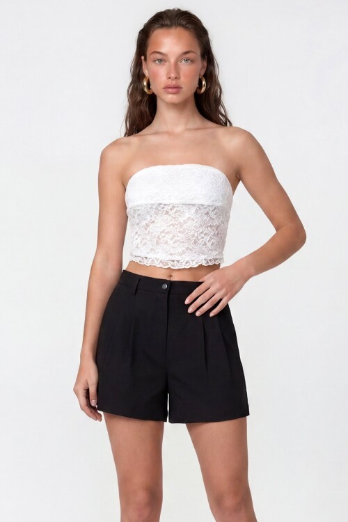 Straplez Dantel Detaylı Crop Bluz