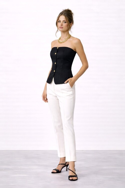 Straplez Düğme Asimetrik Kesim Bluz