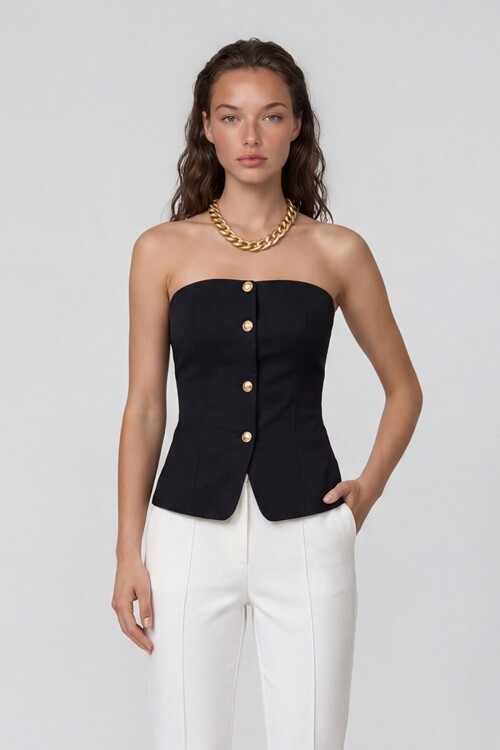 Straplez Düğme Asimetrik Kesim Bluz