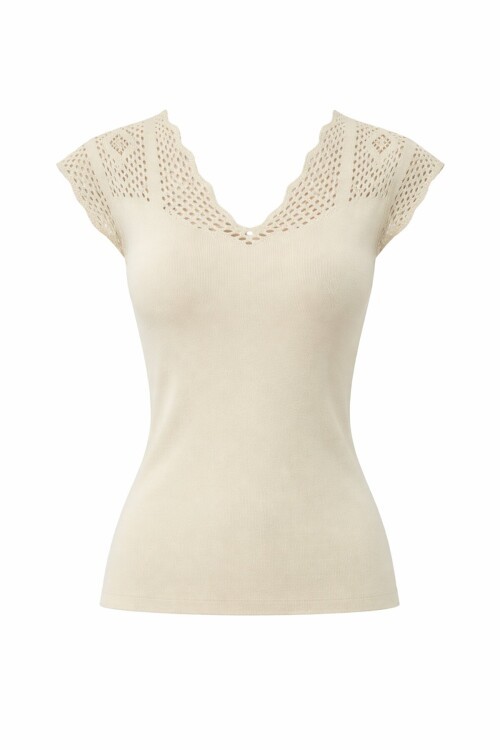 Taş Önü Ve Arkası V Yaka Delik Ajurlu Triko Bluz