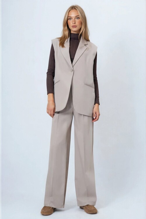 Tek Düğmeli Çift Cepli Astarlı Yelek Pantolon Takım