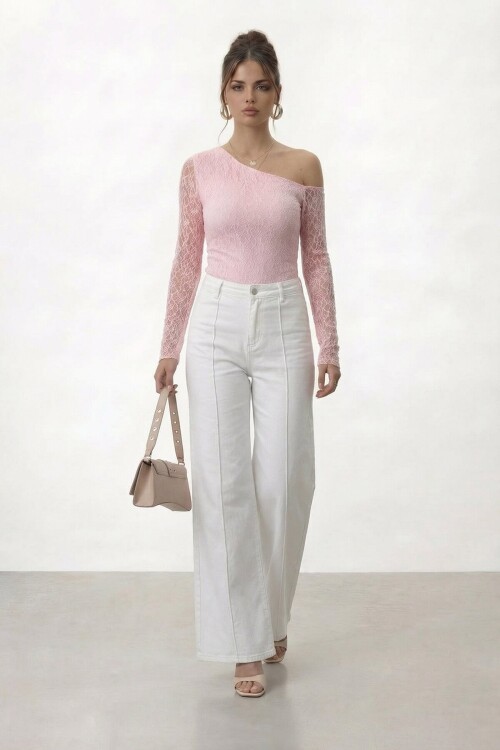 Tek Omuz Dantel Detaylı Uzun Kol Bluz