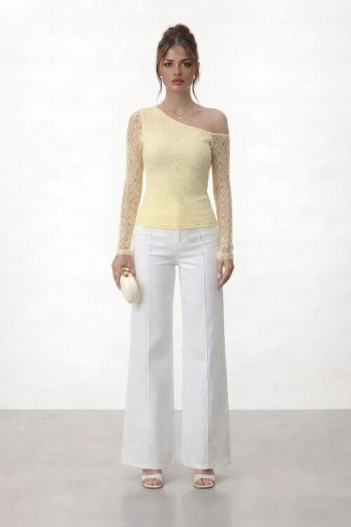 Tek Omuz Dantel Detaylı Uzun Kol Bluz