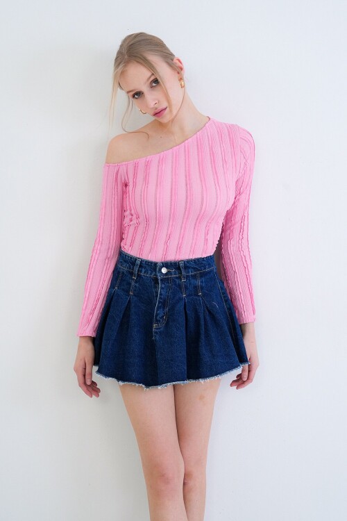 Tek Omuz İspanyol Kol Fırfır Kumaş Bluz