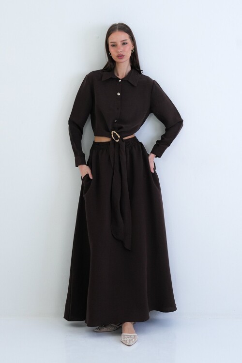 Toka Detaylı Gömlek Ve Beli Lastikli Etek Takım