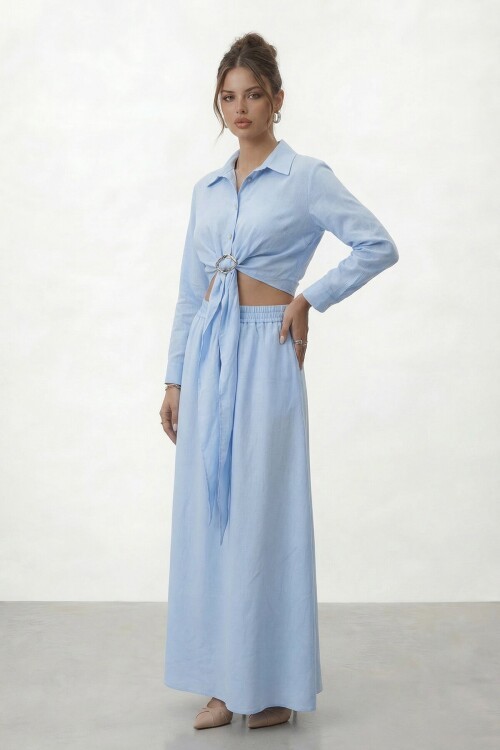 Tokalı Uzun Kollu Gömlek Ve Maxi Etek Takım