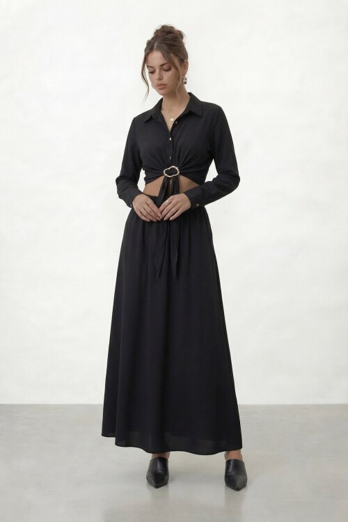 Tokalı Uzun Kollu Gömlek Ve Maxi Etek Takım