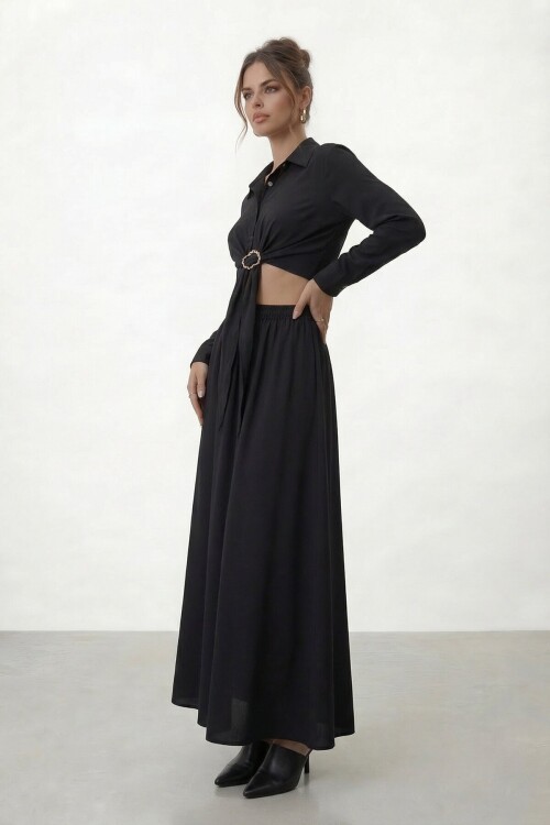 Tokalı Uzun Kollu Gömlek Ve Maxi Etek Takım