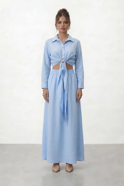 Tokalı Uzun Kollu Gömlek Ve Maxi Etek Takım