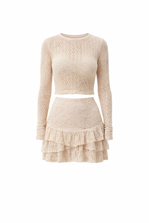 Transparan Dokulu Bluz Ve Katlı Mini Etek Takım