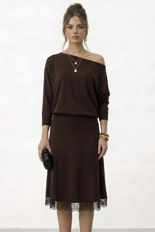 Uzun Kol Dantel Detaylı Mini Elbise