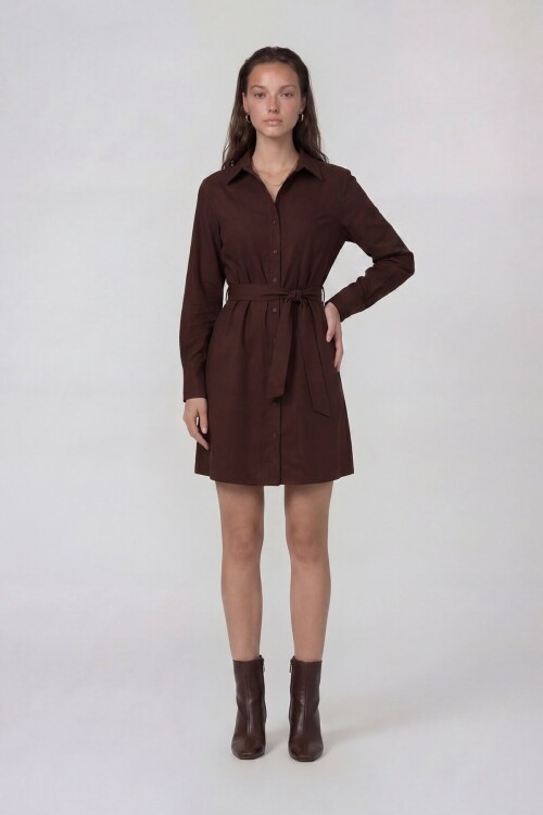 Uzun Kollu Gömlek Yaka Belden Bağlamalı Mini Elbise