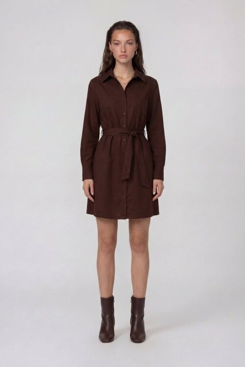 Uzun Kollu Gömlek Yaka Belden Bağlamalı Mini Elbise