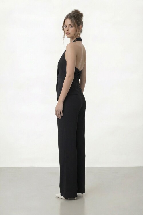 V Yaka Bel Detaylı Bluz Ve Pantolon Takım