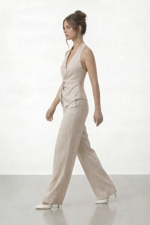 V Yaka Bel Detaylı Bluz Ve Pantolon Takım